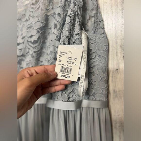 David’s Bridal One-Shoulder Lace Chiffon Gown – Misty Blue – Size 16 – NWT - Picture 6 of 8